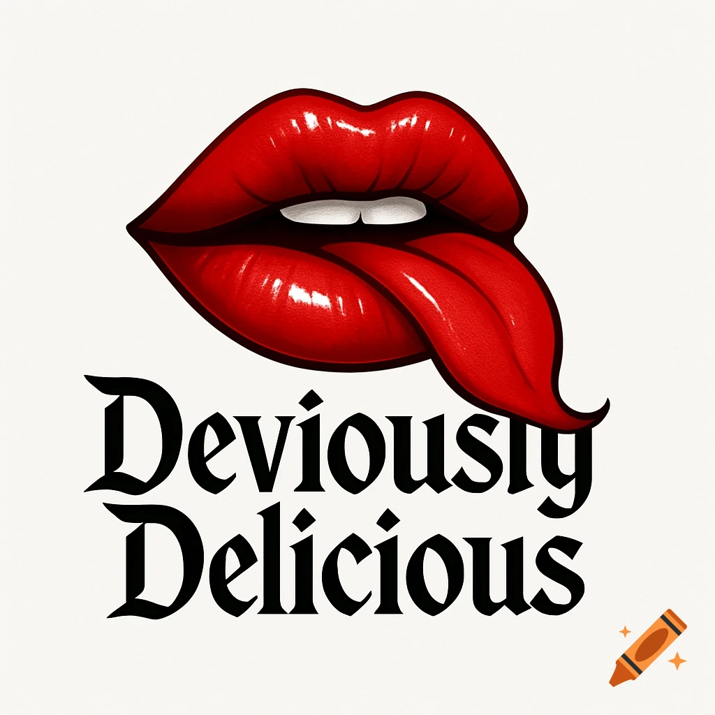 A stylized logo with bright red lips and a tongue sticking out, above the black text 'Deviously Delicious' in a gothic-style font.