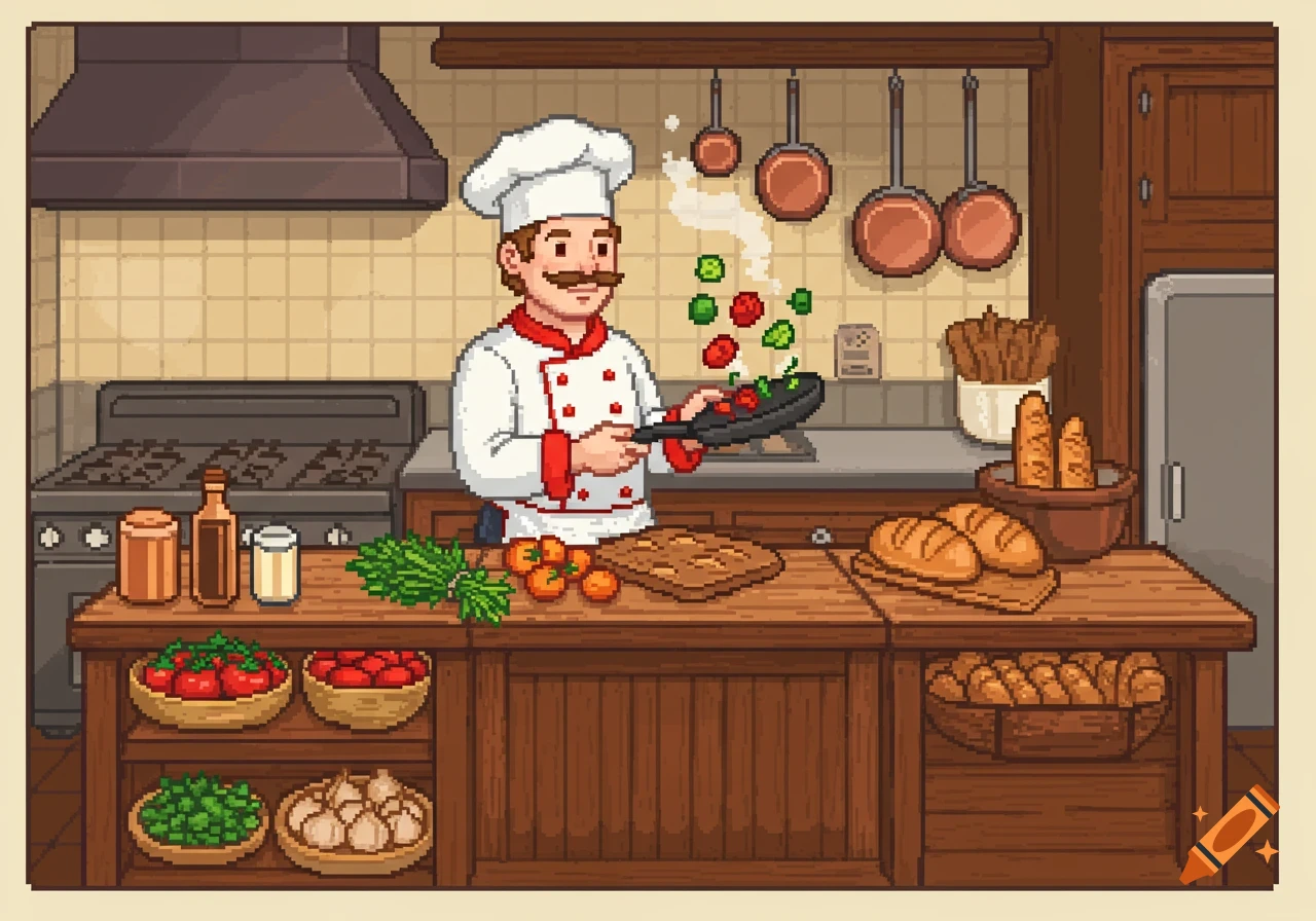 A pixel art illustration of a chef with a mustache flipping vegetables in a pan in a busy kitchen.