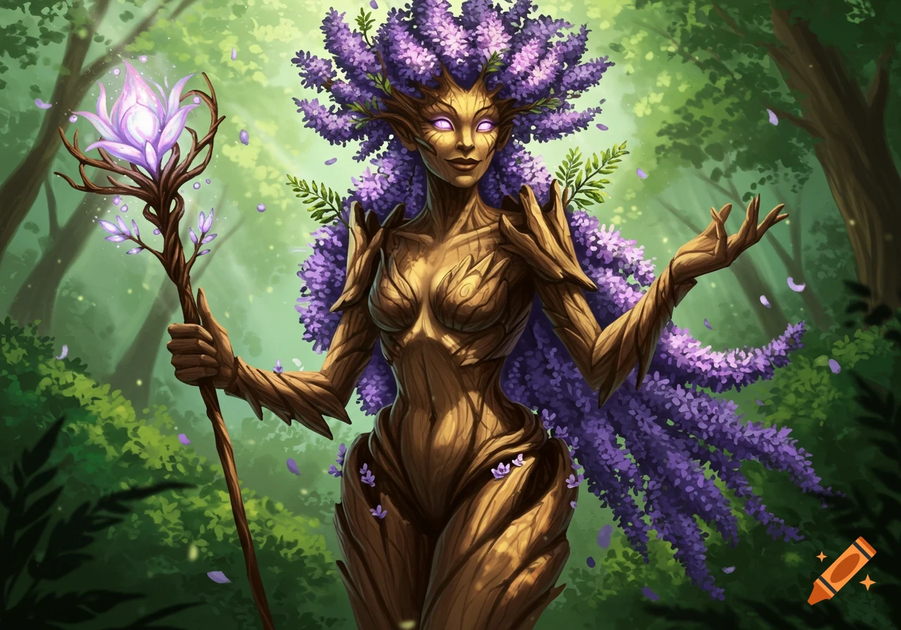 A fantasy tree-woman with bark-like skin, lavender eyes, and long flowing purple jacaranda flower hair, holding a glowing flowering staff in a forest, digital art.