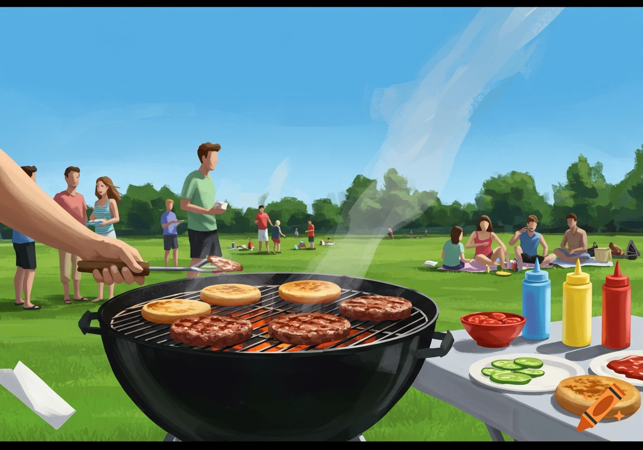 A stylized illustration of people having a barbecue in a sunny park, with burgers cooking on a grill in the foreground.