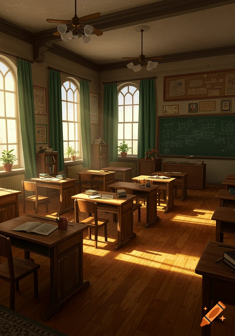 An empty, sunlit vintage classroom with wooden desks and chairs, a green chalkboard, and tall arched windows.