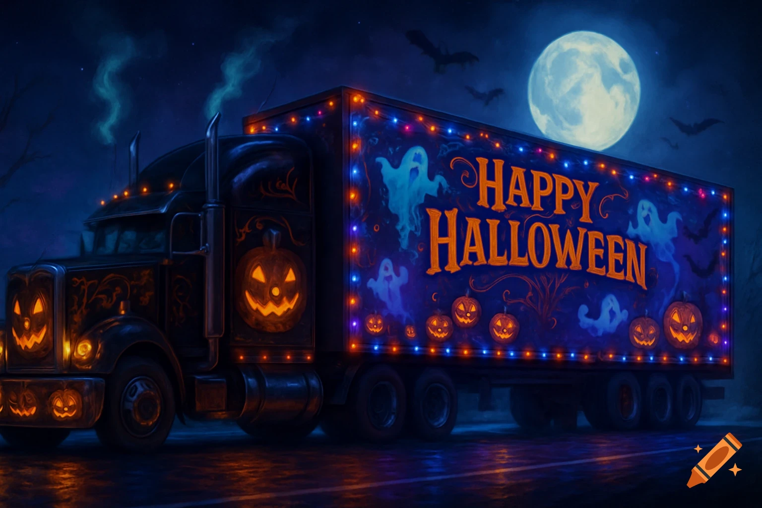 A Halloween-themed 18-wheeler truck decorated with glowing jack-o'-lanterns, ghosts, and 'HAPPY HALLOWEEN' text under a full moon.