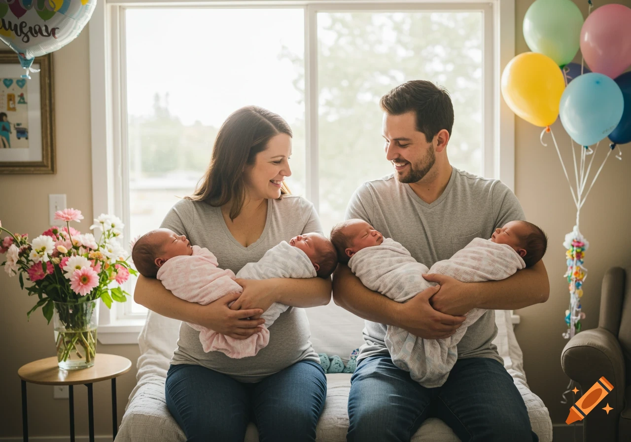 A couple smiles while holding two swaddled newborns each in a bright room with balloons and flowers.