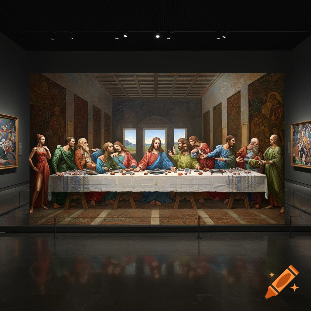 A large painting of The Last Supper is displayed in a modern art gallery, with a woman in a red dress standing nearby and reflections on the polished floor.