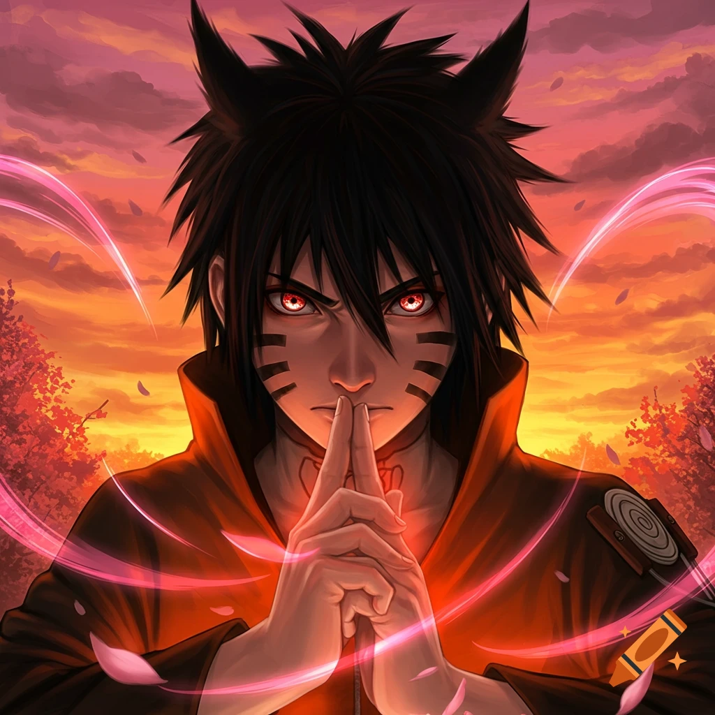 Anime male character resembling Naruto with black spiky hair, red glowing eyes, and black facial markings, making hand signs against a vibrant sunset.