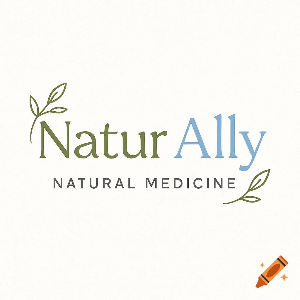 A white background with a logo for "Natur Ally Natural Medicine" in green and blue text, accented with stylized green leaves.