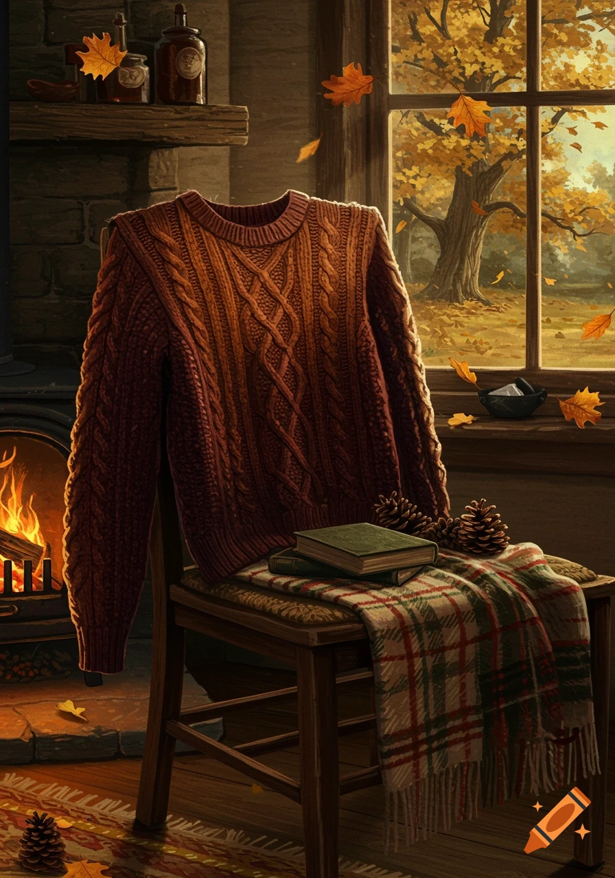 A brown cable-knit sweater draped over a wooden chair next to a fireplace in a cozy autumn setting, with books, pinecones, and a plaid blanket, and fall leaves visible outside a window.