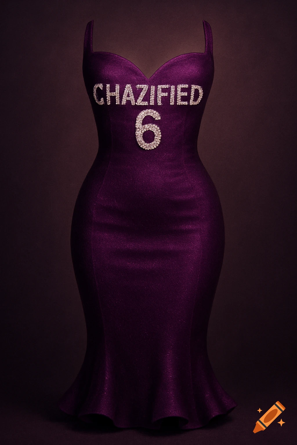 Photorealistic image of a shimmering purple dress with 'CHAZIFIED 6' in rhinestones on the chest.
