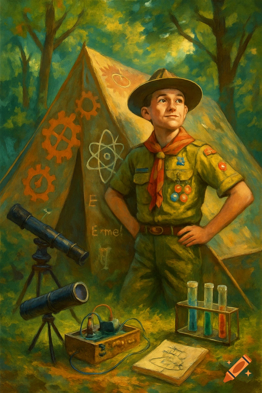 A boy scout in uniform stands by a tent with STEM symbols and equipment in a painted forest.