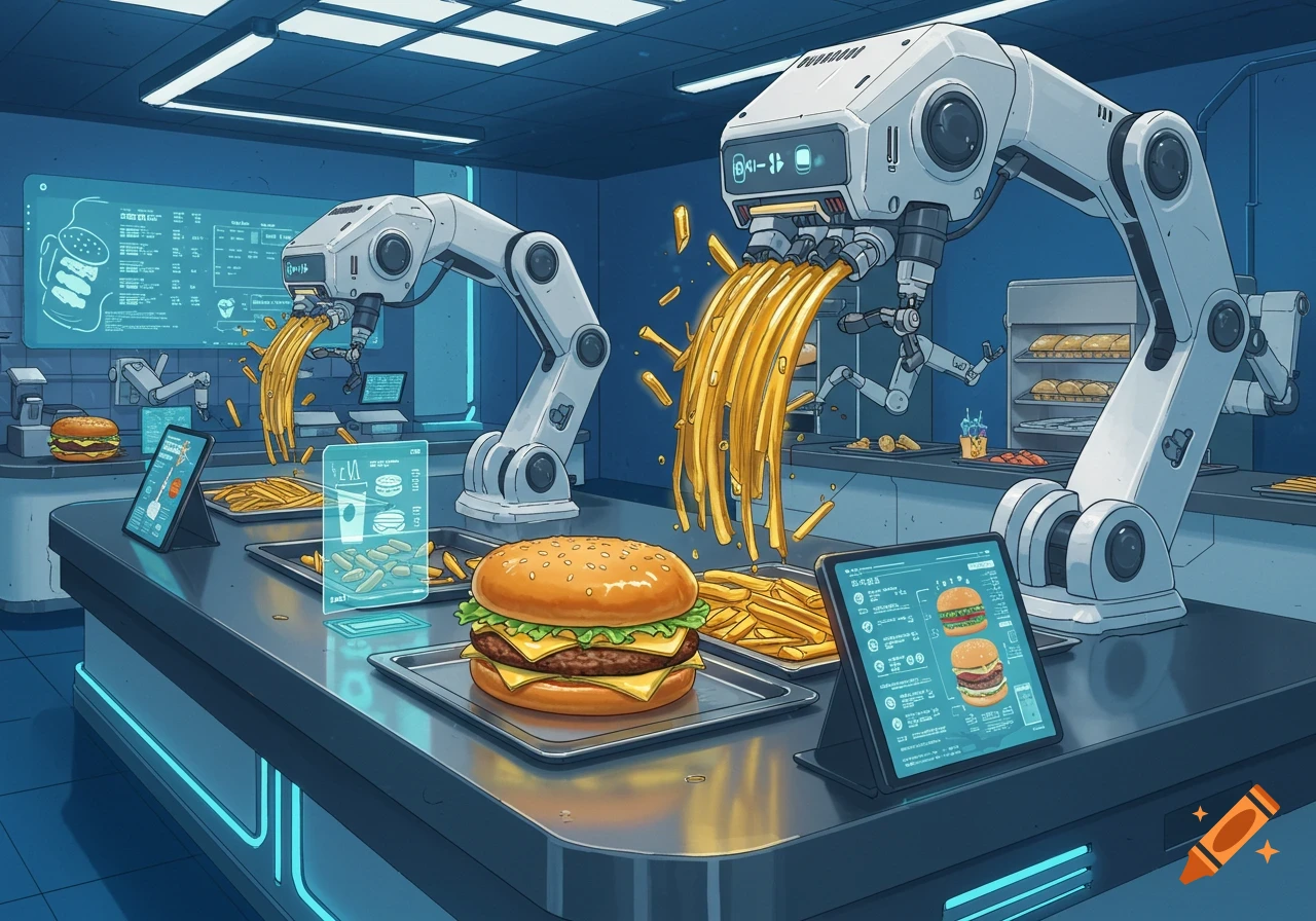 Robotic arms prepare burgers and dispense fries in a futuristic, blue-lit fast-food kitchen.