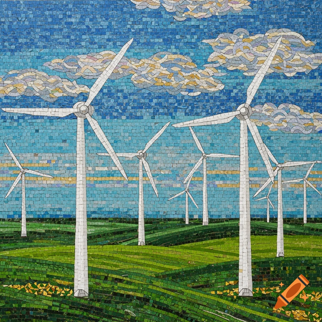 A mosaic artwork depicts a field with several modern white windmills under a blue sky with clouds.