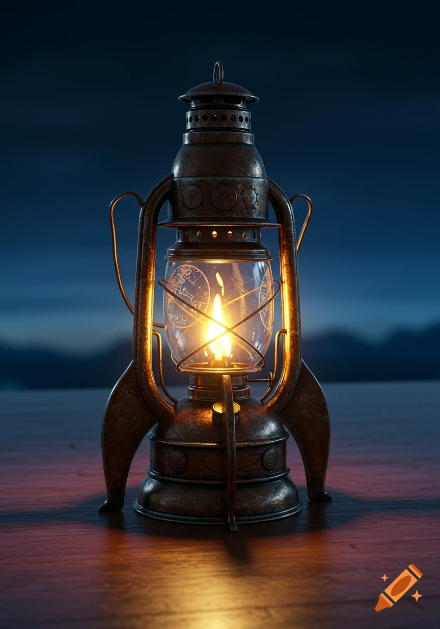 A photorealistic vintage kerosene lantern shaped like a rocket ship, glowing against a dark night sky.