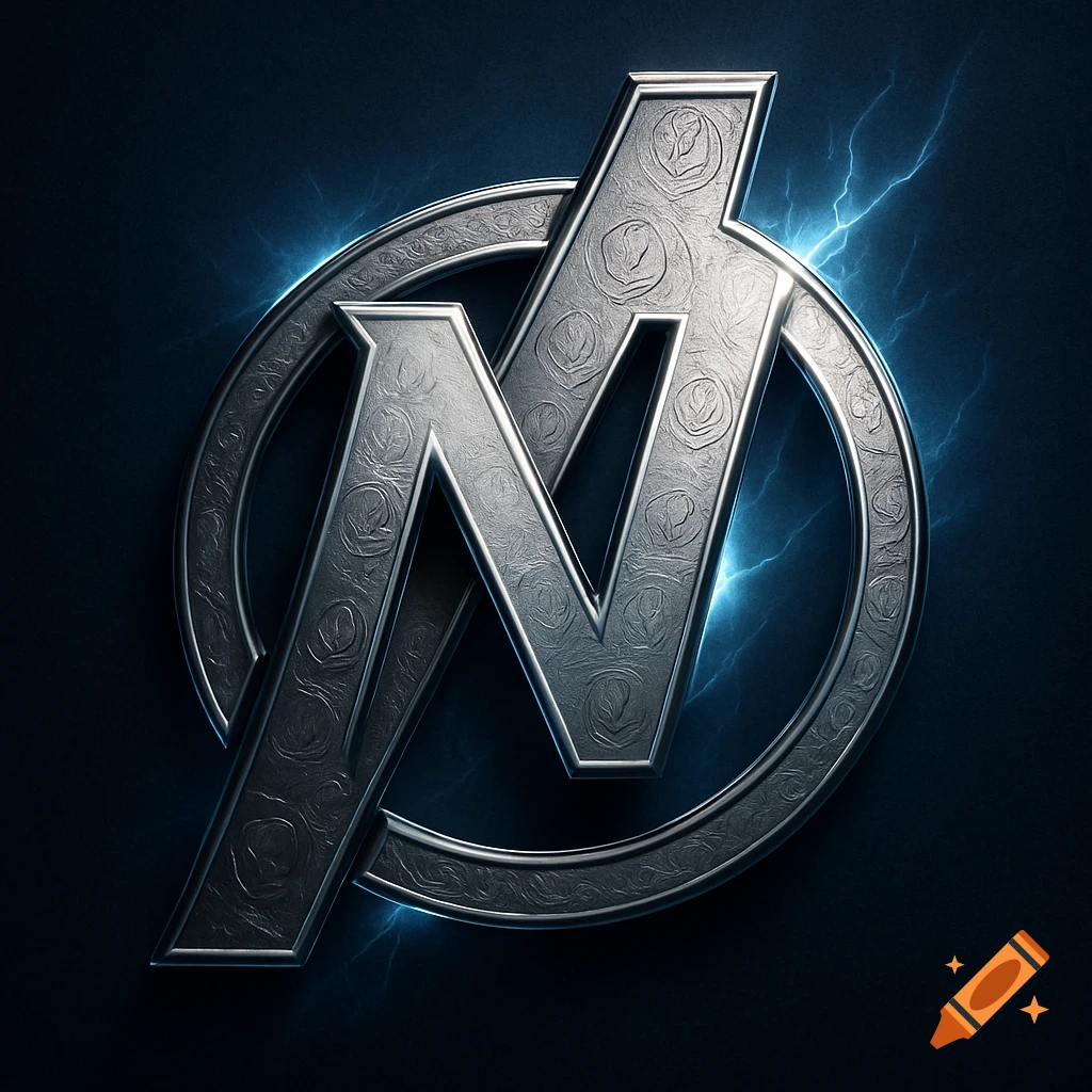 A stylized metallic logo featuring an intertwined 'A' and 'N' resembling the Avengers emblem, with blue lightning on a dark background.