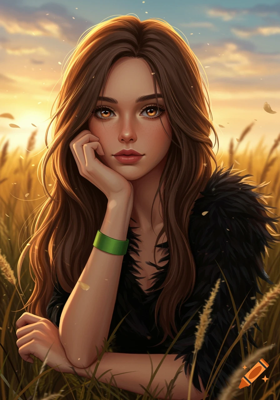 Anime portrait of a young woman with long brown hair and amber eyes, wearing a black feathery top and green wristband, posing in a golden field at sunset.