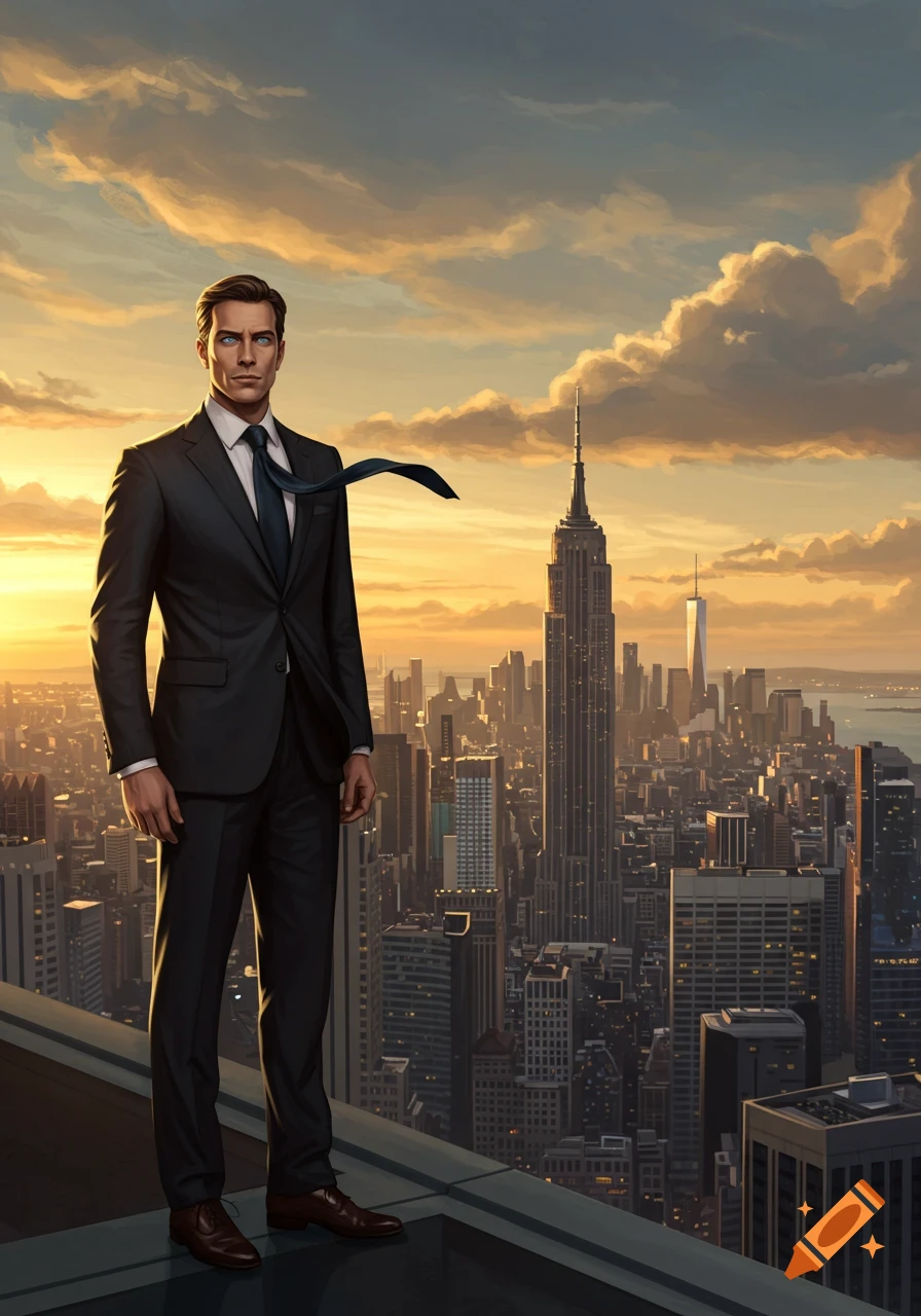 A man in a suit stands on a rooftop overlooking a vast city skyline at sunset in a digital art style.