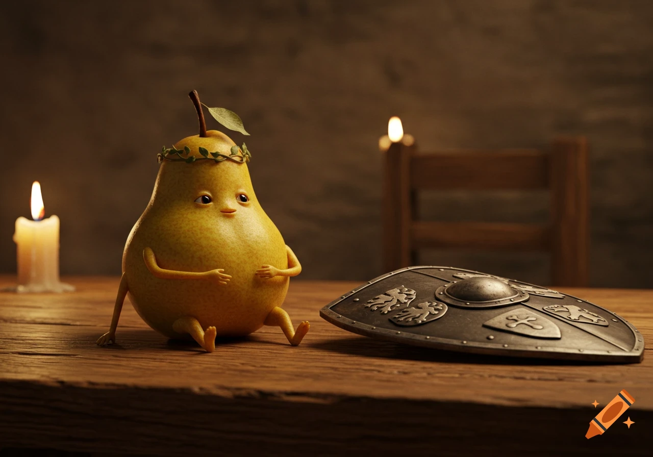 An anthropomorphic pear wearing a leaf crown sits on a wooden table next to a medieval shield, lit by candlelight.