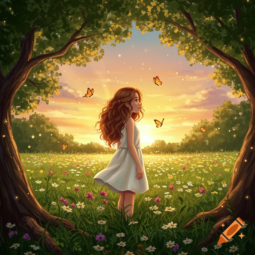 A girl with long brown hair in a white dress stands in a vibrant green and white flower field, surrounded by trees, with butterflies flying under a glowing sunset sky.