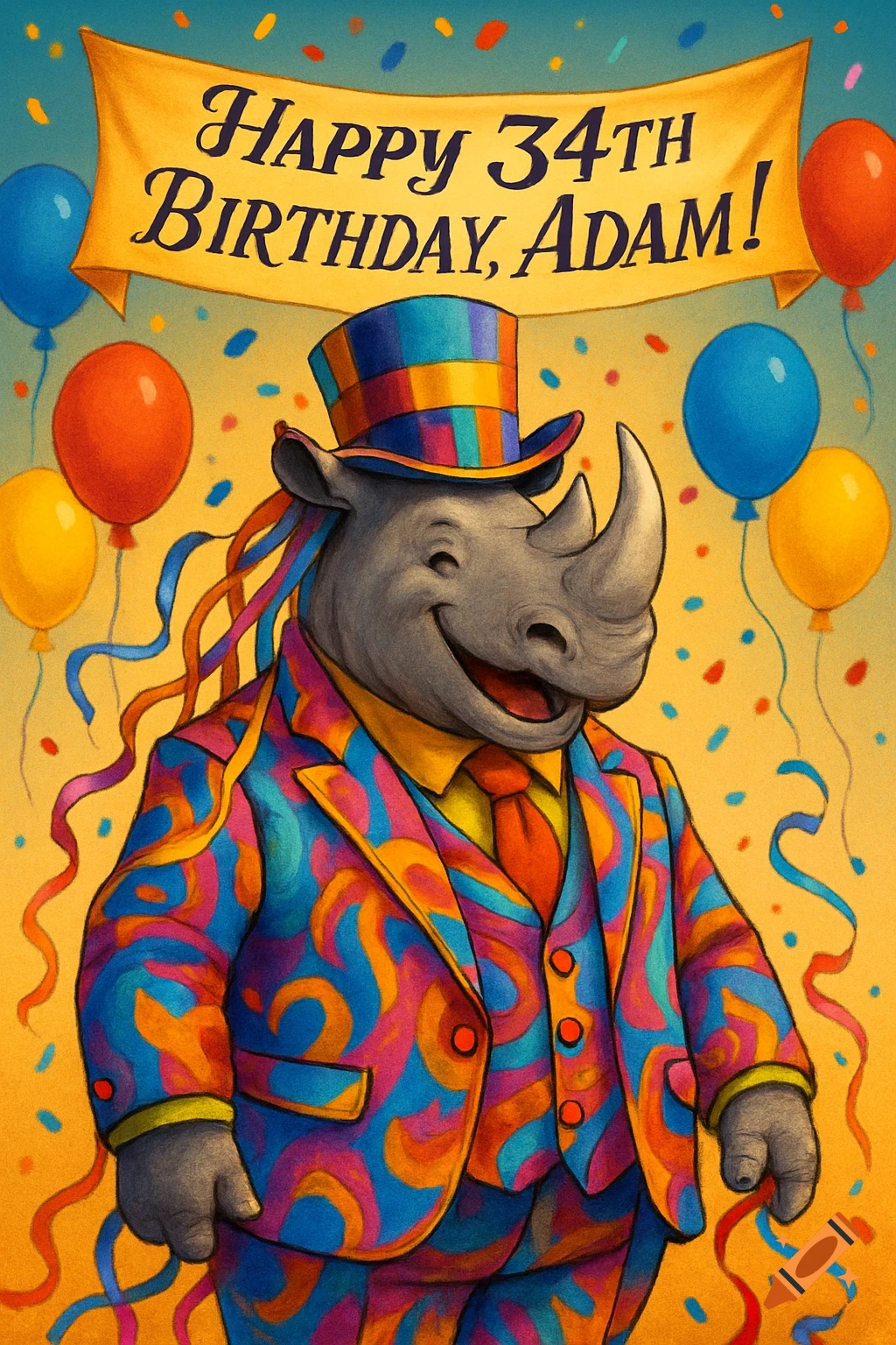 A cartoon rhino in a colorful patterned suit and top hat, smiling happily. Above it, a banner reads 'Happy 34th Birthday, Adam!', surrounded by balloons and confetti.