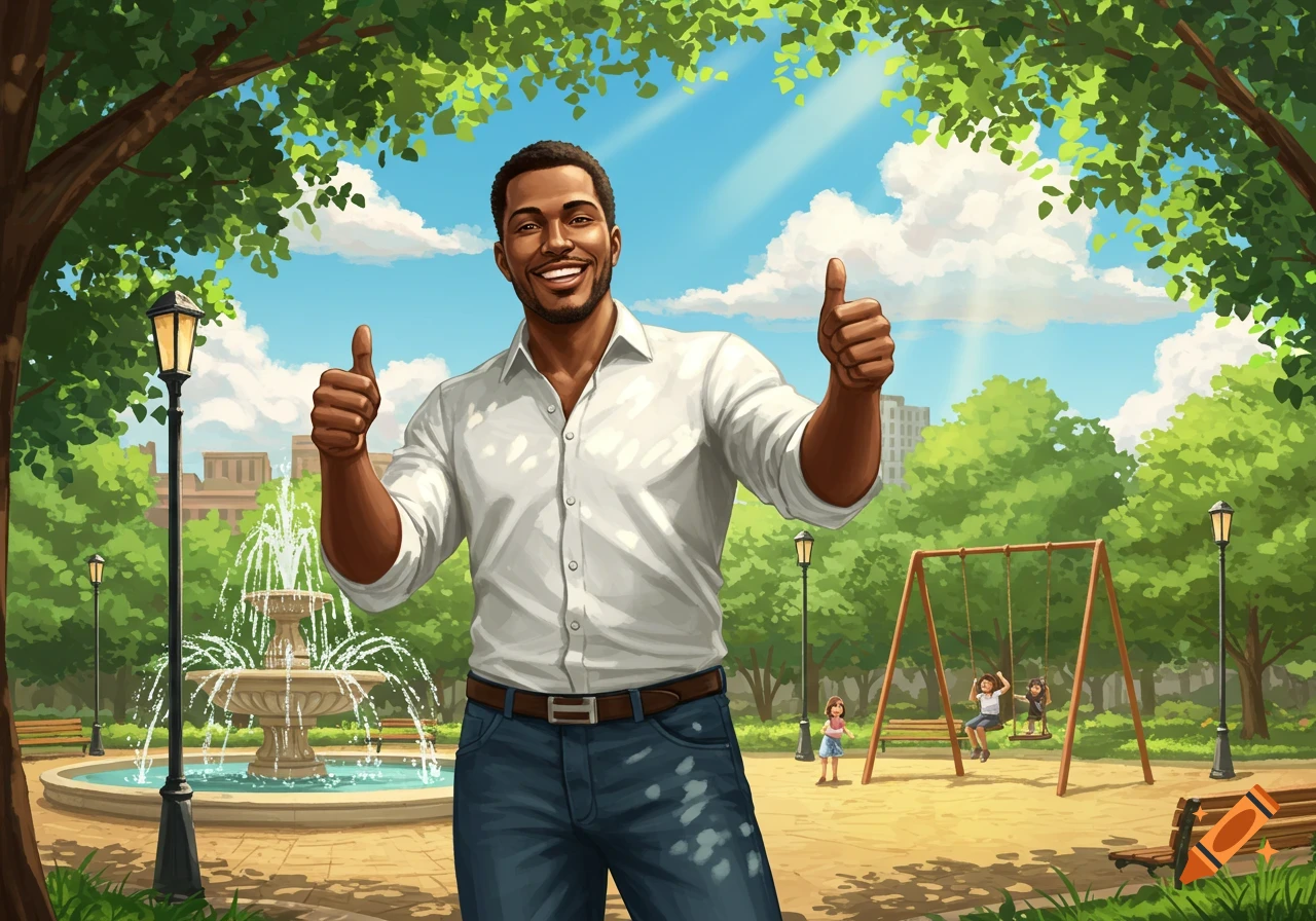 A smiling Black man with a beard gives two thumbs up in a bright, sunny park with a fountain and playground.