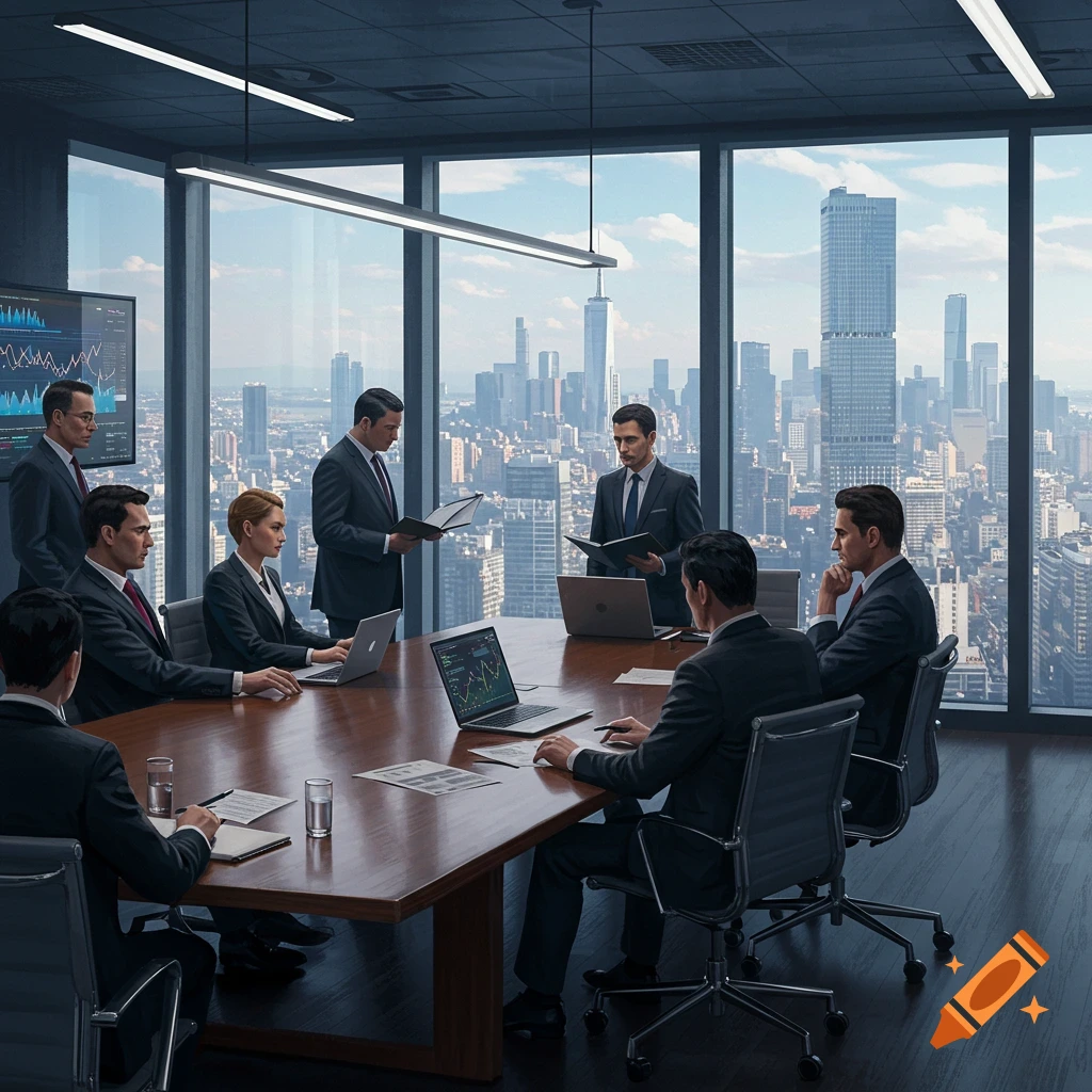 Business professionals in a corporate meeting room overlooking a city skyline, discussing data on screens.