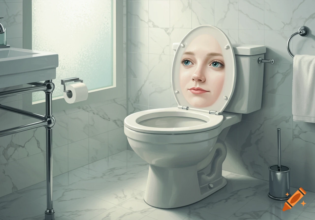 A surreal image of a white toilet in a tiled bathroom, with a human face appearing on the inside of the toilet lid.