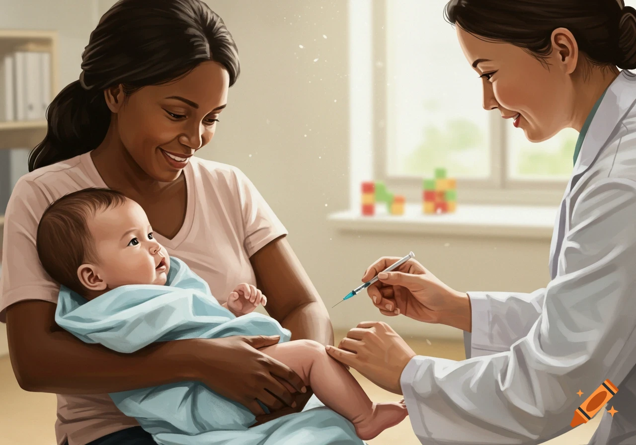 Illustration of a mother holding her baby receiving a vaccine from a healthcare worker.