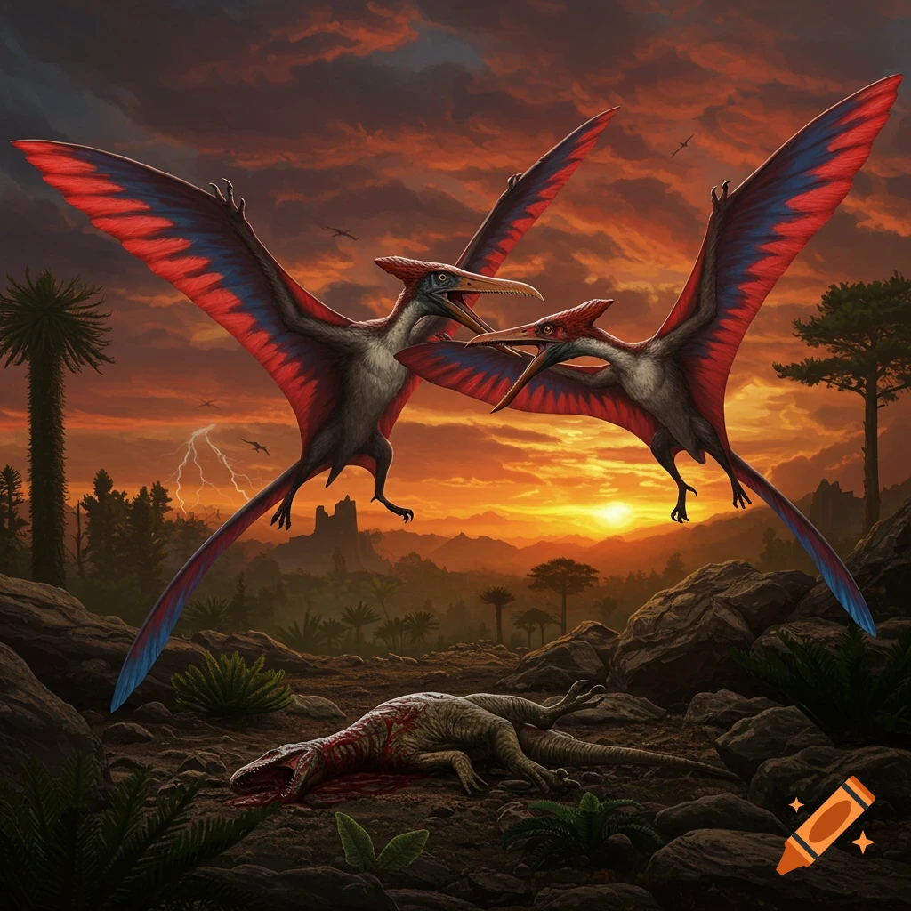 Two pterosaurs with red and blue wings fight over a dead dinosaur in a prehistoric landscape at sunset with lightning.