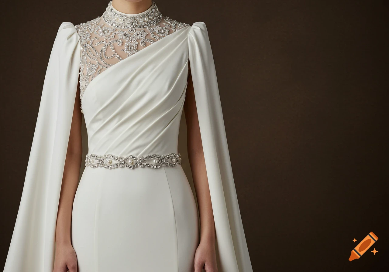 Close-up of a white wedding dress with a high beaded collar, draped cape sleeves, and a pearl and crystal belt.
