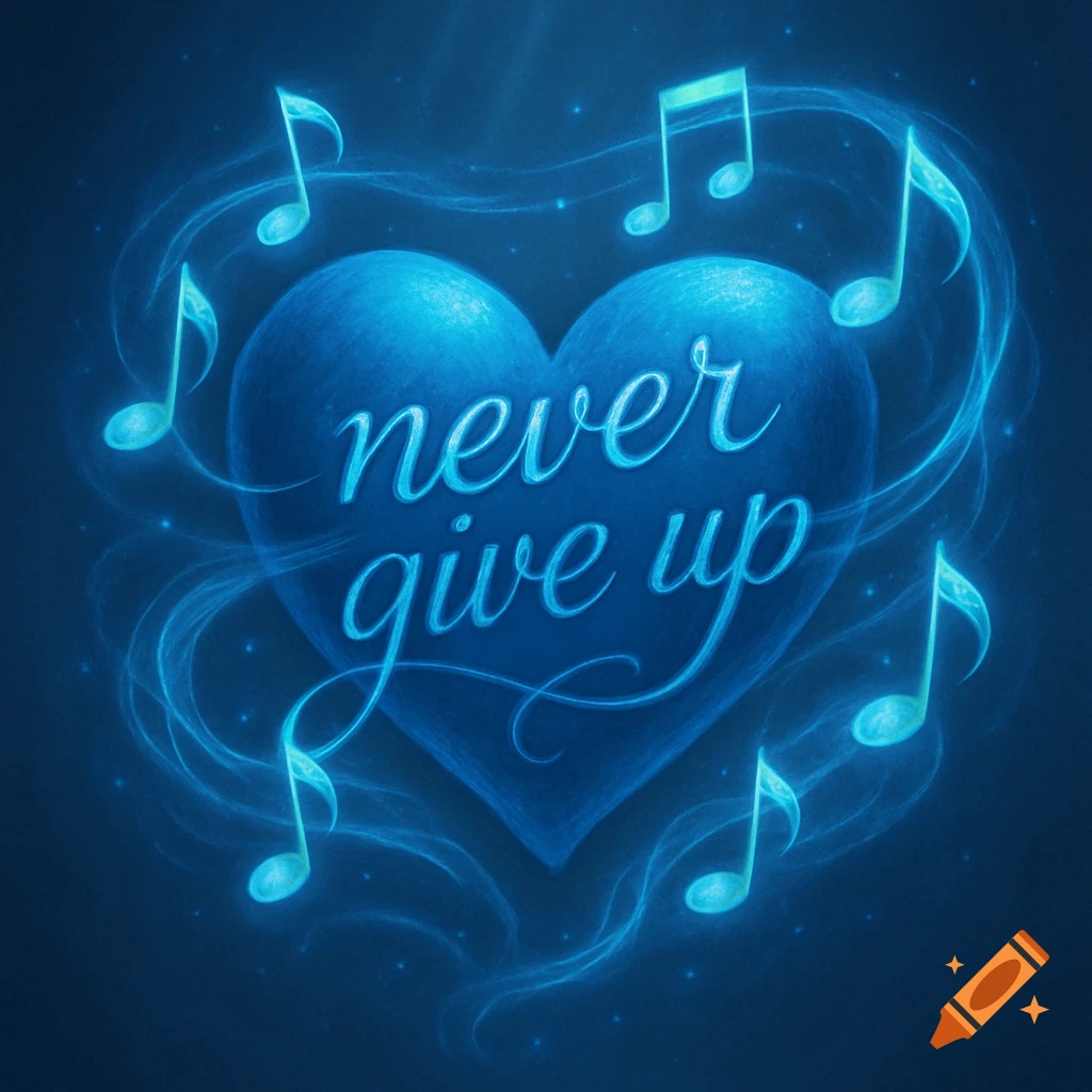 A glowing blue heart with musical notes floating around it, and the words 'never give up' written on the heart.