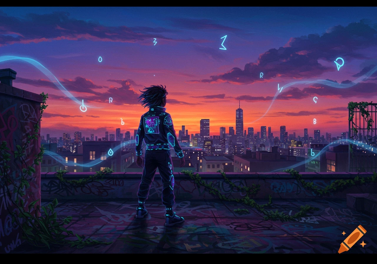 A person with glowing cybernetic elements on their jacket stands on a city rooftop at sunset, looking out at the skyline with glowing symbols floating in the air.