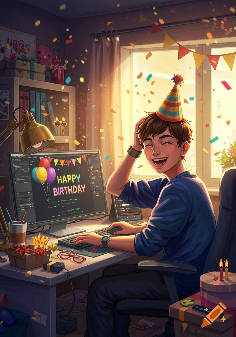An illustrated young man wearing a party hat smiles widely while sitting at a computer desk with 'HAPPY BIRTHDAY' on the monitor, surrounded by confetti and gifts.