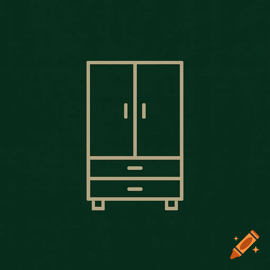 A minimalist beige outline icon of a wardrobe with two doors and two drawers on a dark green background.