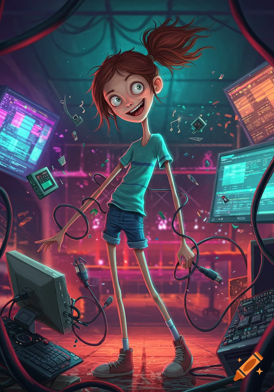 A cartoonish, lanky girl with a ponytail stands among glowing computer screens and tangled wires in a neon-lit room.