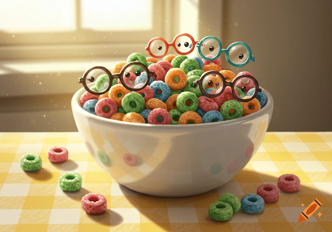 A white bowl filled with colorful, ring-shaped cereal pieces on a yellow checkered tablecloth. Several cereal pieces have cartoon glasses on them.