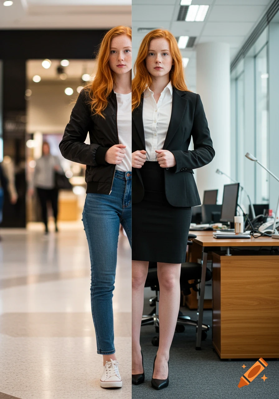 A split image of a red-haired woman: left in casual clothes at a mall, right in a business suit at an office. Photorealistic style.