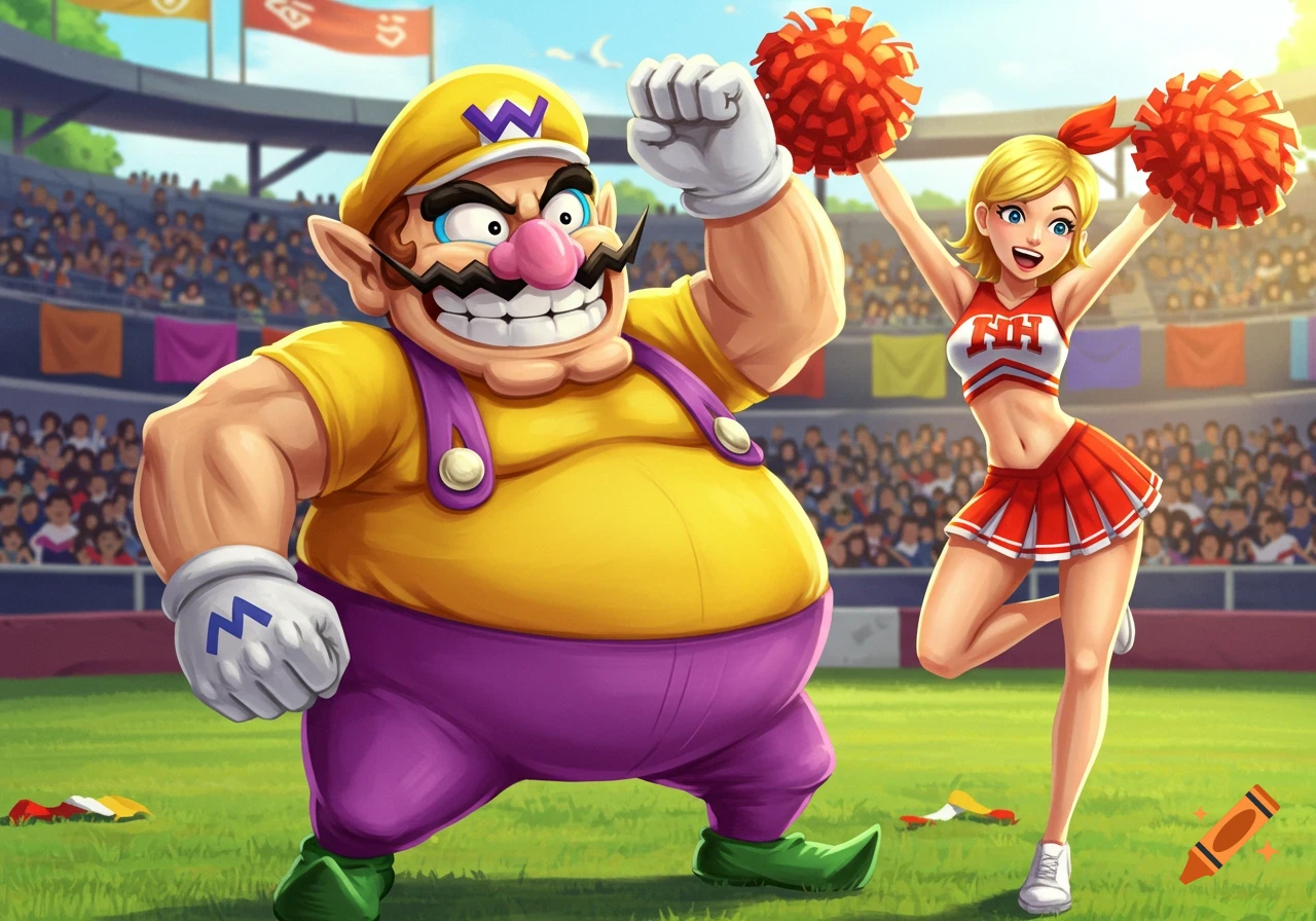 Wario in yellow and purple overalls flexing next to a blonde cheerleader in a red and white outfit with pom-poms, both cheering in a stadium.