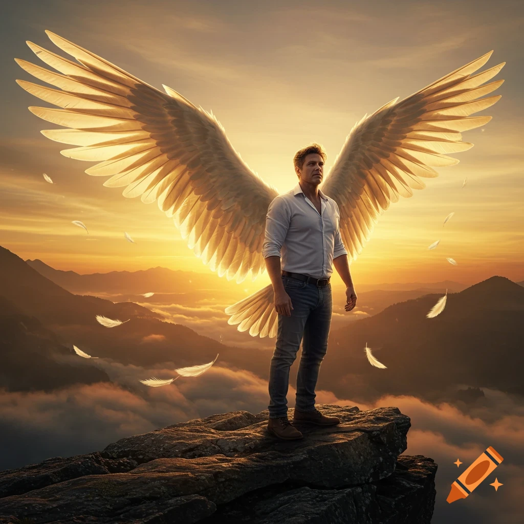 A man with large, golden wings stands on a rocky cliff overlooking mountains at sunset, in a realistic digital art style.