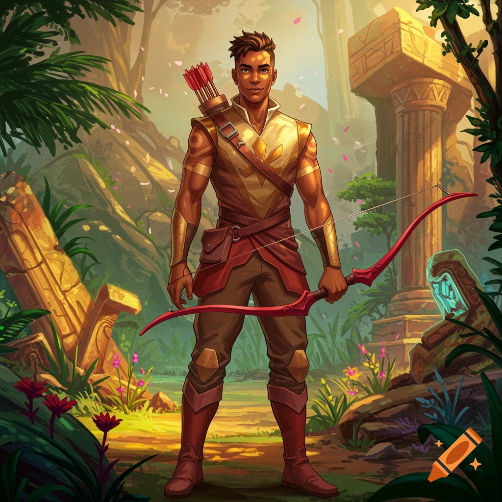 A stylized illustration of a male archer in gold and red armor holding a red bow, standing in a lush jungle with ancient ruins.