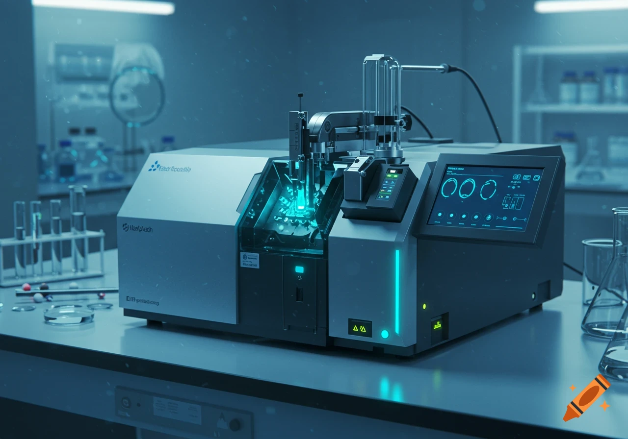 A futuristic flow cytometry machine with glowing blue lights in a laboratory setting.