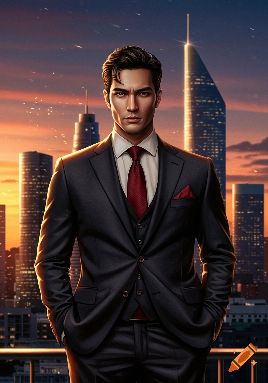 A confident man in a dark suit and red tie stands against a city skyline at sunset, with tall skyscrapers visible.