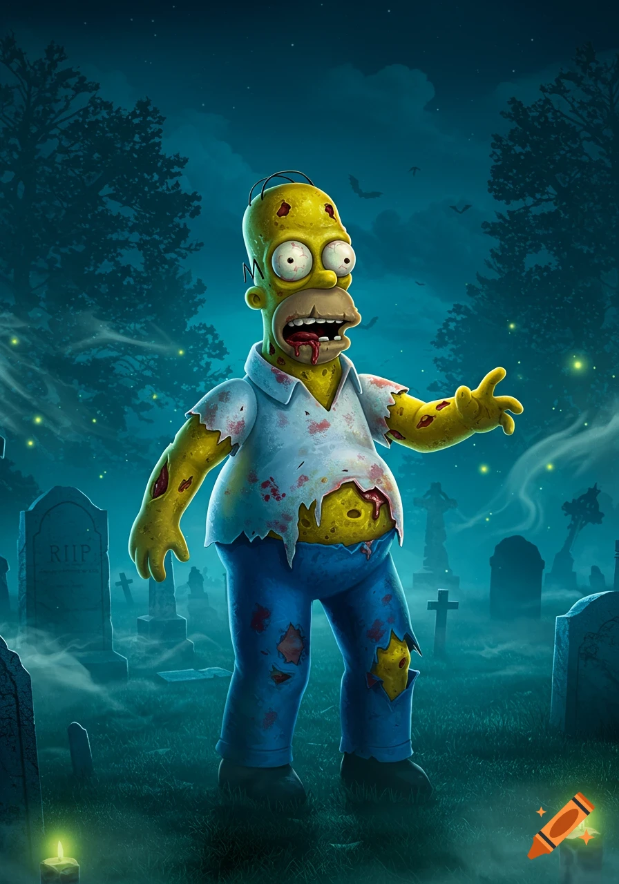 Cartoon zombie Homer Simpson with green skin, torn clothes, and blood around his mouth, standing in a spooky graveyard at night with bats flying.