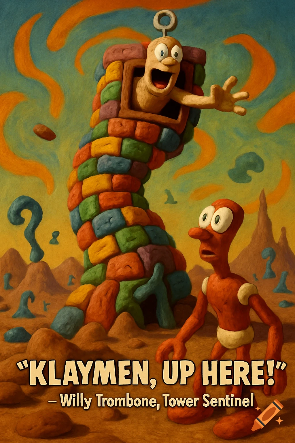 A claymation scene with a tall, colorful, twisted brick tower. A light-brown character with a large mouth and a ring on his head shouts from a window, gesturing down. Below, a red clay humanoid with wide eyes looks up, standing on a lumpy, surreal landscape under an orange and blue sky. Text reads 'KLAYMEN, UP HERE!'