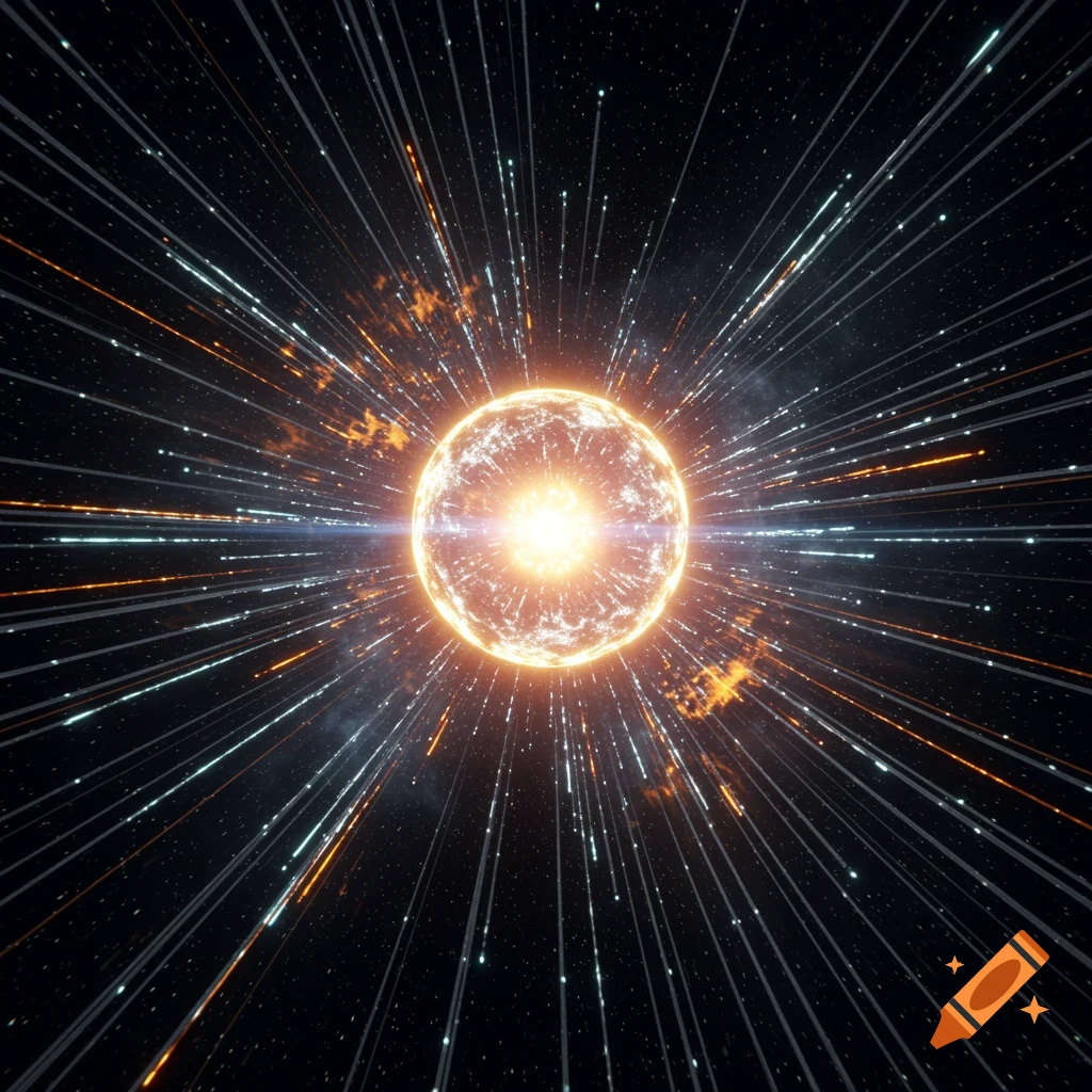 A bright, glowing orange and white orb in the center of a dark space, with numerous white and orange light trails radiating outwards.