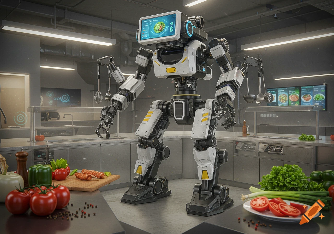 A photorealistic image of a futuristic robot chef standing in a modern, stainless steel kitchen surrounded by fresh vegetables and cooking utensils.