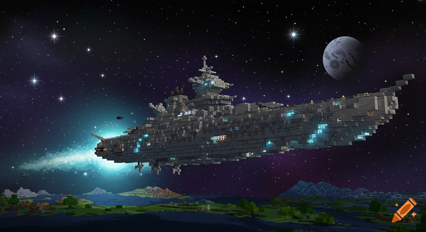 A pixelated Minecraft-style space battleship firing a beam, flying above a blocky landscape with a planet and stars in the background.