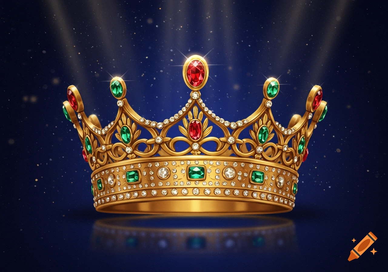 A golden crown adorned with sparkling diamonds, red rubies, and green emeralds, on a reflective surface against a dark blue, starry background.
