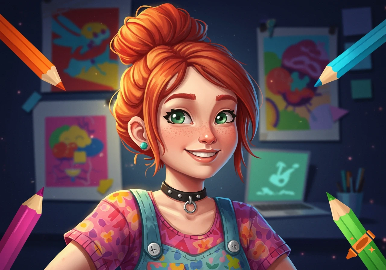 A stylized portrait of a smiling red-headed girl with a messy bun, green eyes, surrounded by colorful pencils and abstract drawings.