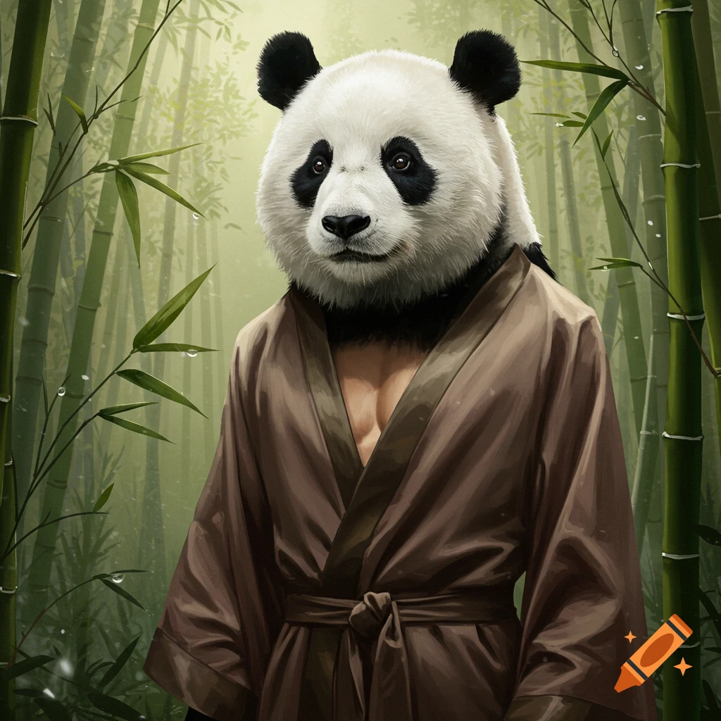 A muscular panda in a brown robe stands in a bamboo forest, looking forward.