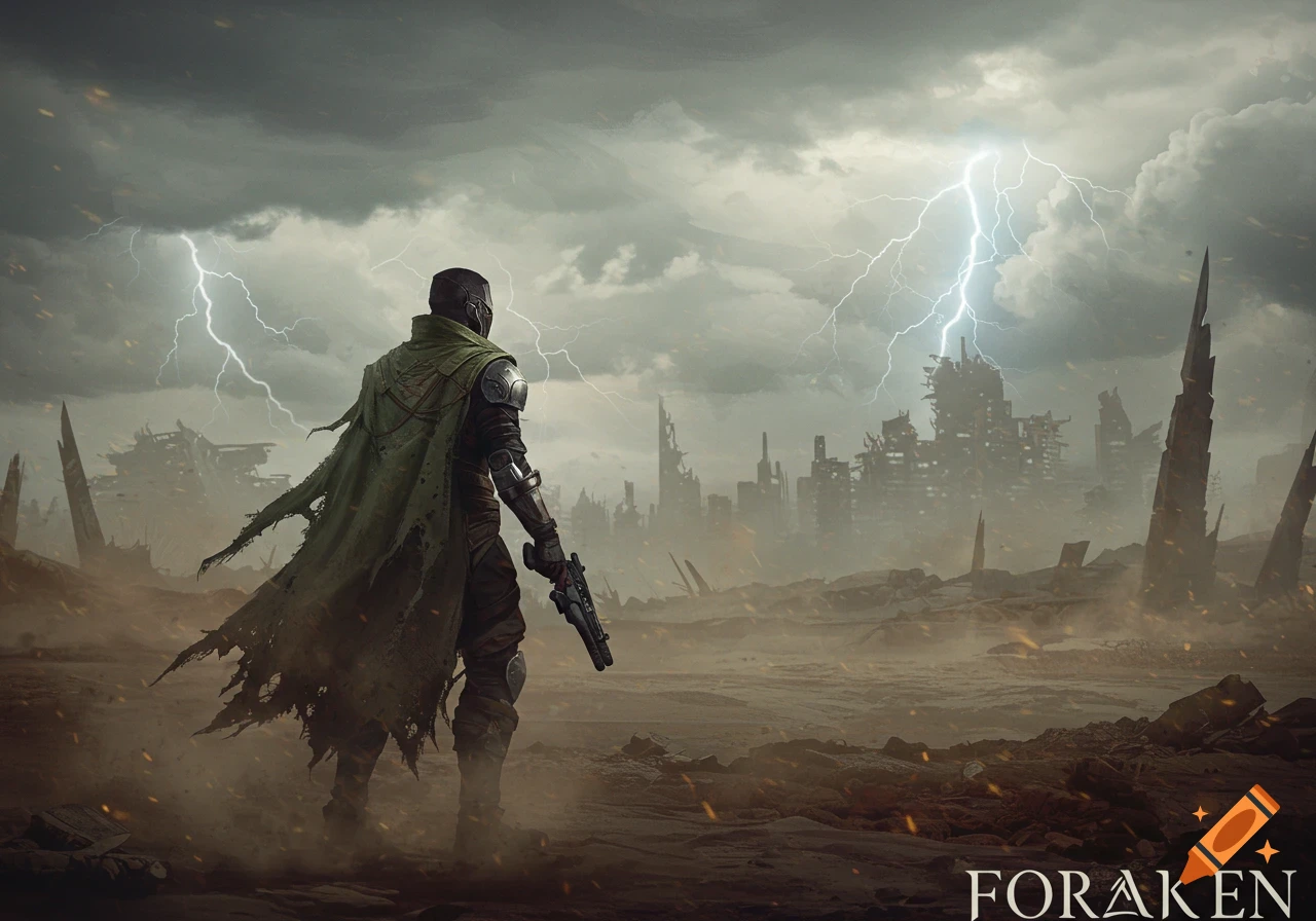 A lone warrior in a green cape and armor stands in a ruined city under a stormy, lightning-filled sky, holding a weapon, concept art.