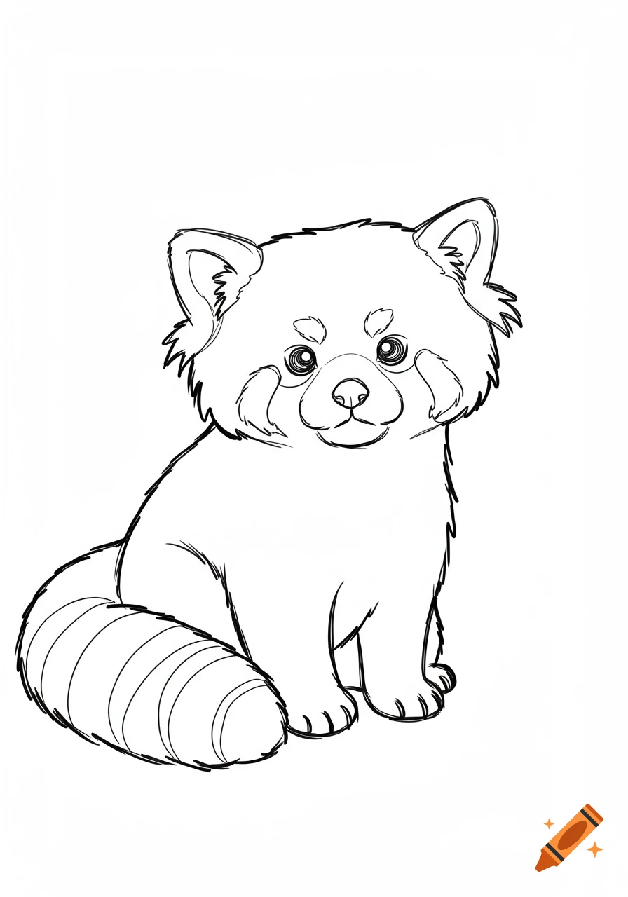 A black and white line drawing of a cute red panda sitting.